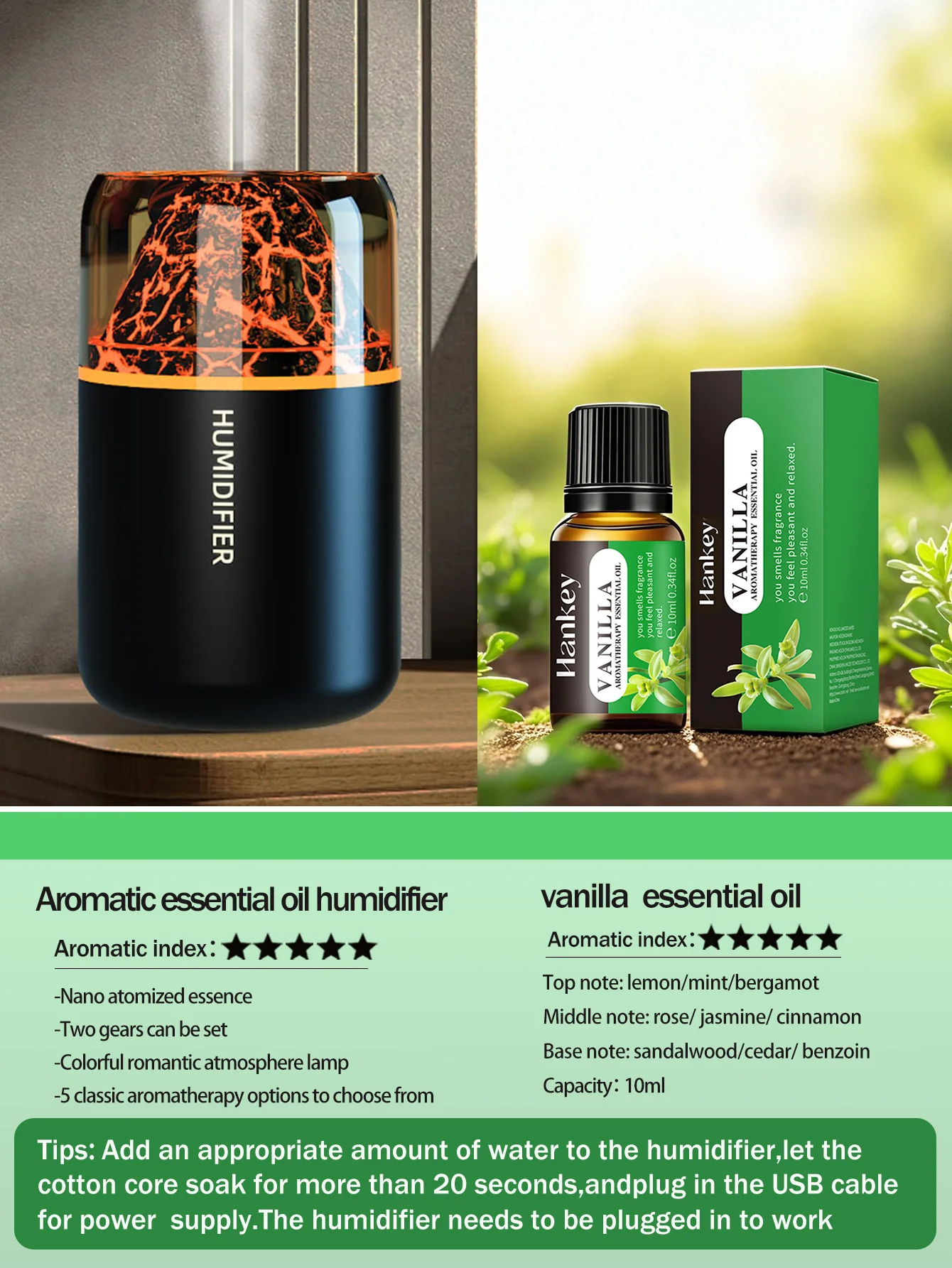 Der USB-Aromatherapie-Diffusor mit simulierten vulkanischen Farblampen ist für den Einsatz in Autos, Häusern, Schlafzimmern und als Geschenk geeignet.