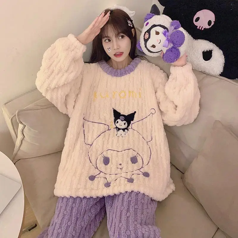 Cartoon Kuromi Plush Pajama Set Sanrioed Cute Anime Pochacco Homewear Sleepwear Women Winter Loose Fitting Nightwear Tops Pants