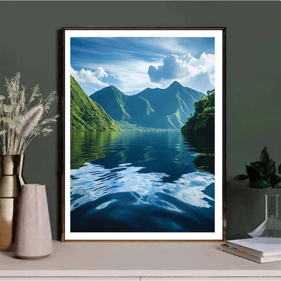 طقم رسم فسيفساء ماسي ، مشهد جبلي وبحيرة ، مثقاب مربع ومستدير بالكامل ، فن جدار نهر الشجرة ، جديد ،