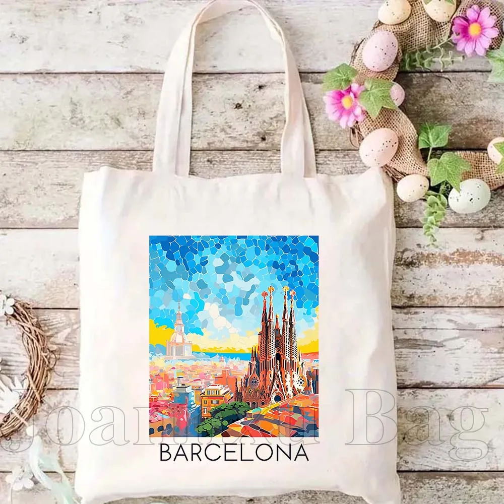 

Barcelona Travel Canvas Tote Bag City View Print Reusable Shoulder Bag for Grocery Shopping School Work & Daily Errands