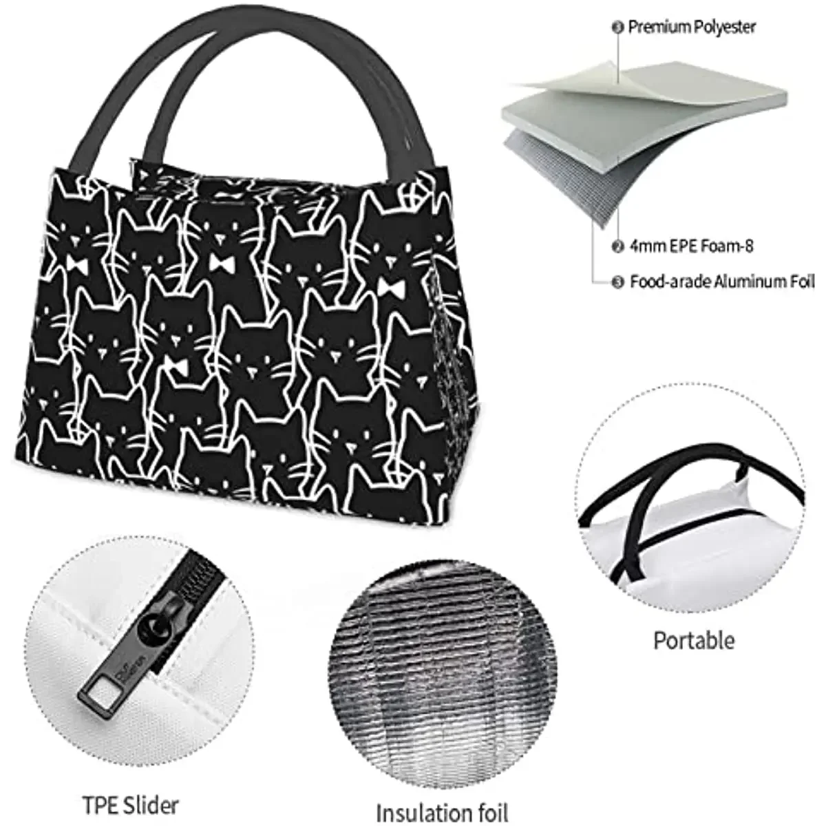 Lunch Bag for Women Men Insulated Lunch Box Line Cat Durable Cooler Tote Bag Organizer Lunch Holder for Kids Adult Office Picnic