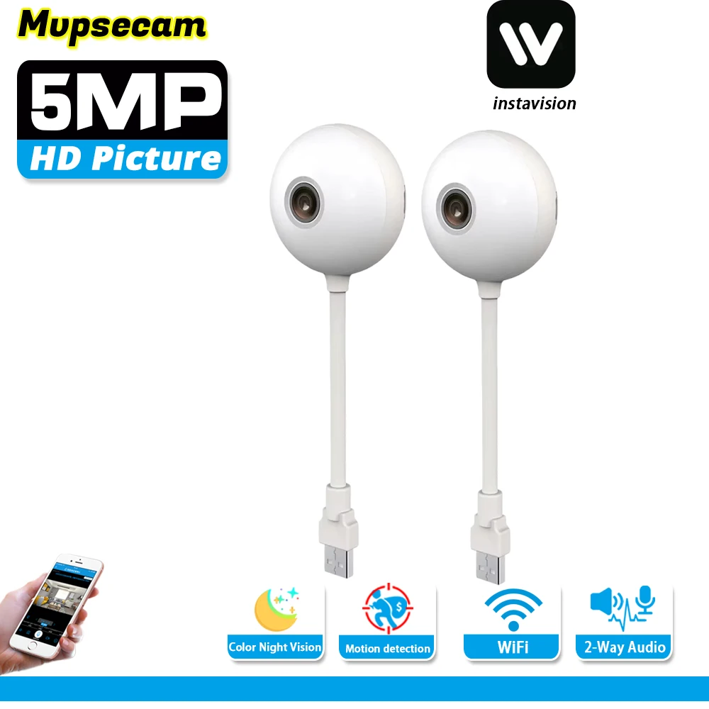 Mini 5MP WiFi Security Camera Indoor Wireless USB Light Bulb Camera Motion Detection 2-Way Audio for Baby Monitoring Protection