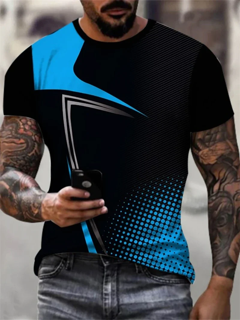 Herren T-Shirt mit blauem und schwarzem geometrischem Print, kurzärmelig, Rundhalsausschnitt, lässiges Streetwear-Oberteil