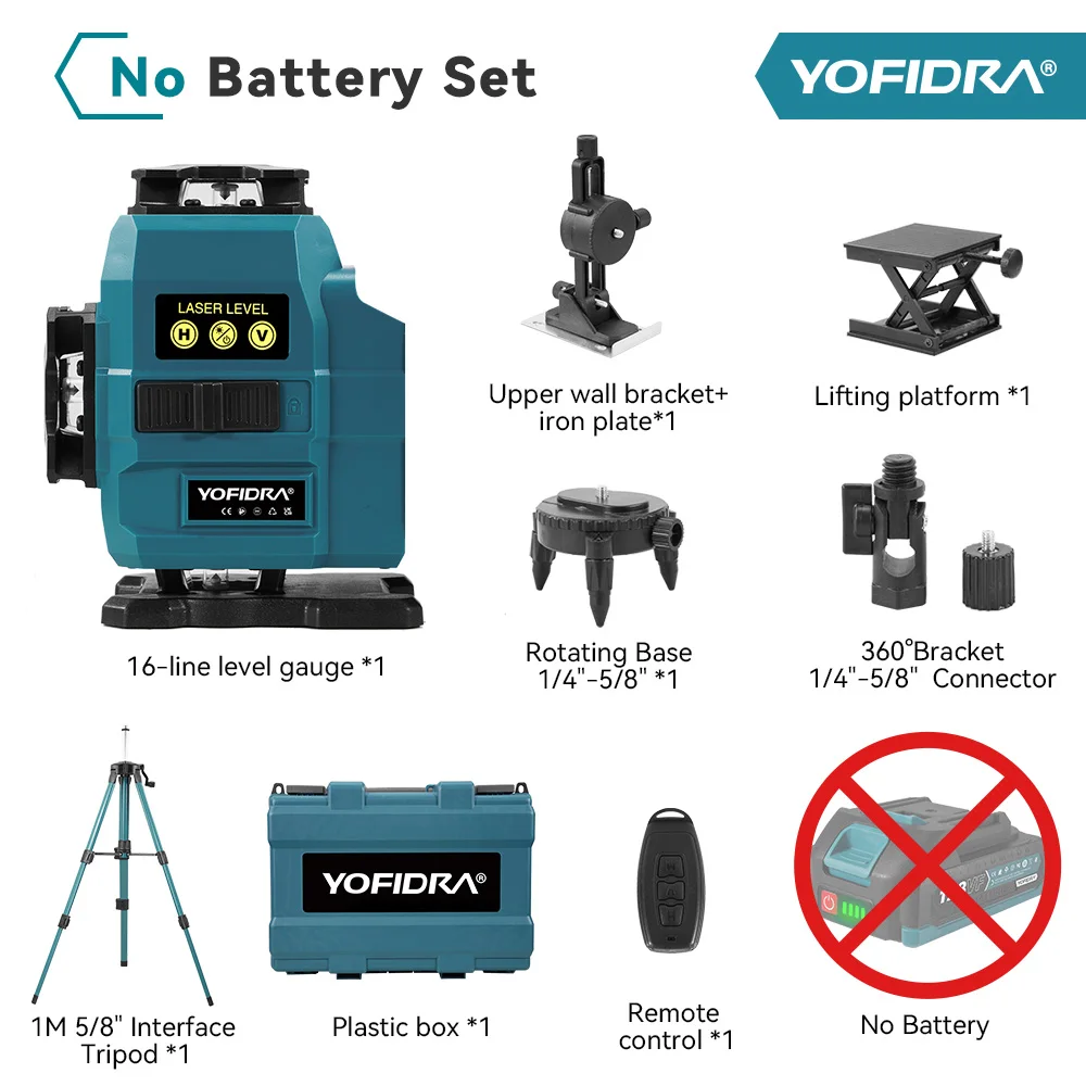 YOFIDRA 4D-laserniveau 16-lijnen Ultra krachtige groene straal 360 °   Zelfnivellerende horizontale laserniveaus voor Makita 18V batterijpennen