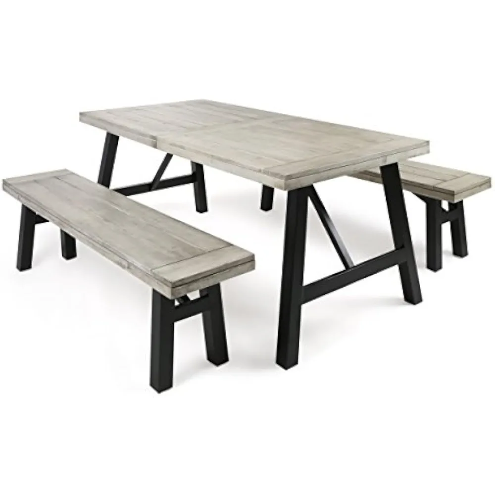 

Amaya Indoor Farmhouse Cottage Acacia Wood Picnic Set, 3-Pcs Set, Light Grey Wash / Black