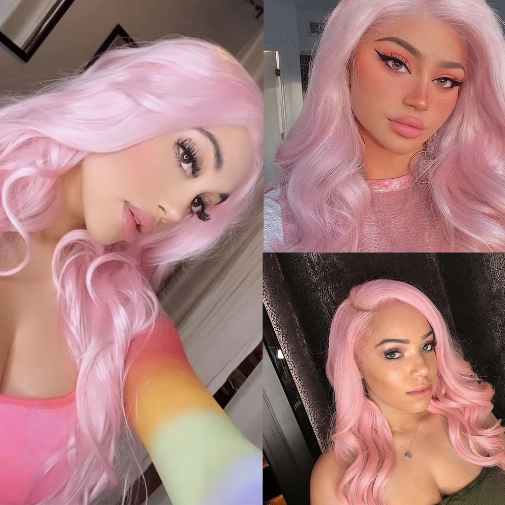 Light Pink Wave Lace Hair Synthetic Frontal Lace Wig for Women Long Body Wave Pastel Pink Lace Wig Color Hair Cosplay Daily Wear