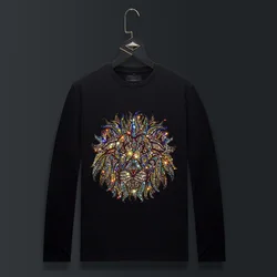 Plus Size O Neck Long Sleeve T Shirts Men Fashion Streetwear Cartoon Lion Rhinestones Modal Cotton Slim Tshirts Mens Clothing