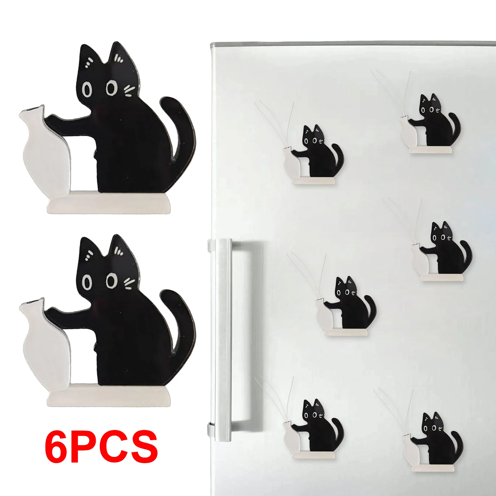 Acrylic Black Cat Fridge Magnet Ornaments Cartoon Cat Pushing Vase Decor w/Cat Whisker Storage Memorial Box Refrigerator Decor
