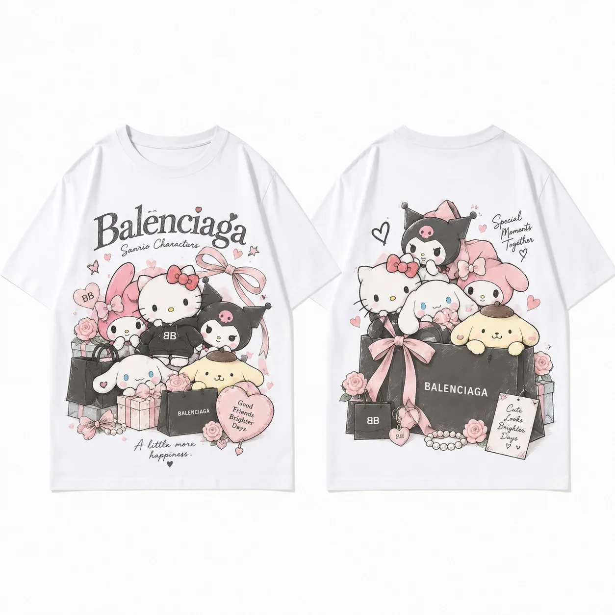 Hello Kitty White Tee Oversized Graphic Art Print Short Sleeve Streetwear Top for Men And Women Cool Parent Child Basebal