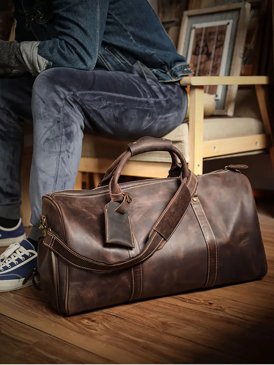 Casual Outdoor Crazy Horse Cowhide Men Travel Bag vintage Designer Handmade Genuine Leather Large-Capacity Luggage Bag Handbag