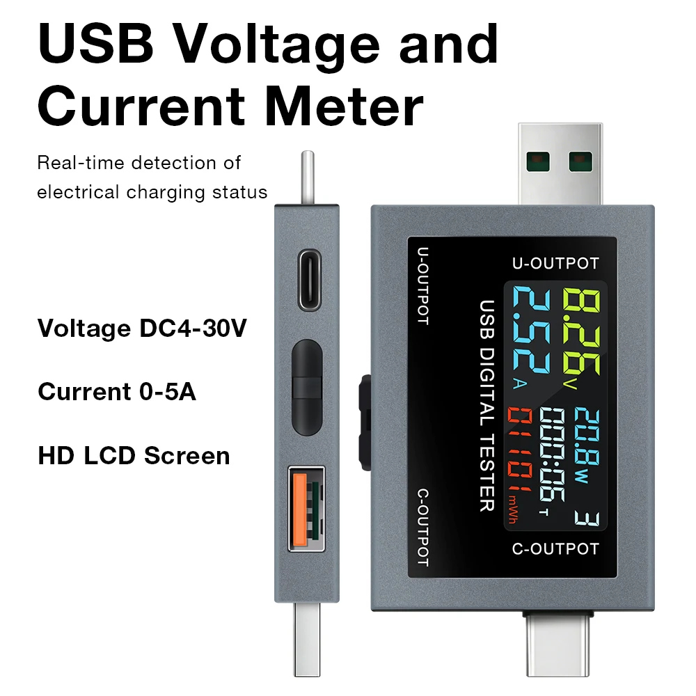 USB Type-C Charging Tester DC 4.5-50V 0-8A Multi-function Digital Display Voltmeter Ammeter Power Meter Charge Capacity Tester