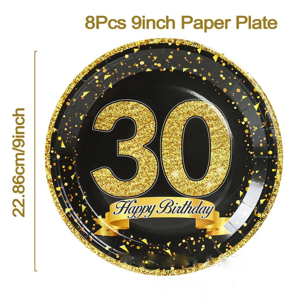 8Guests Happy 30 Years Birthday Party Disposable Paper Tableware 1994’s Black Golden Plates Napkins 30th Birthday Supplies