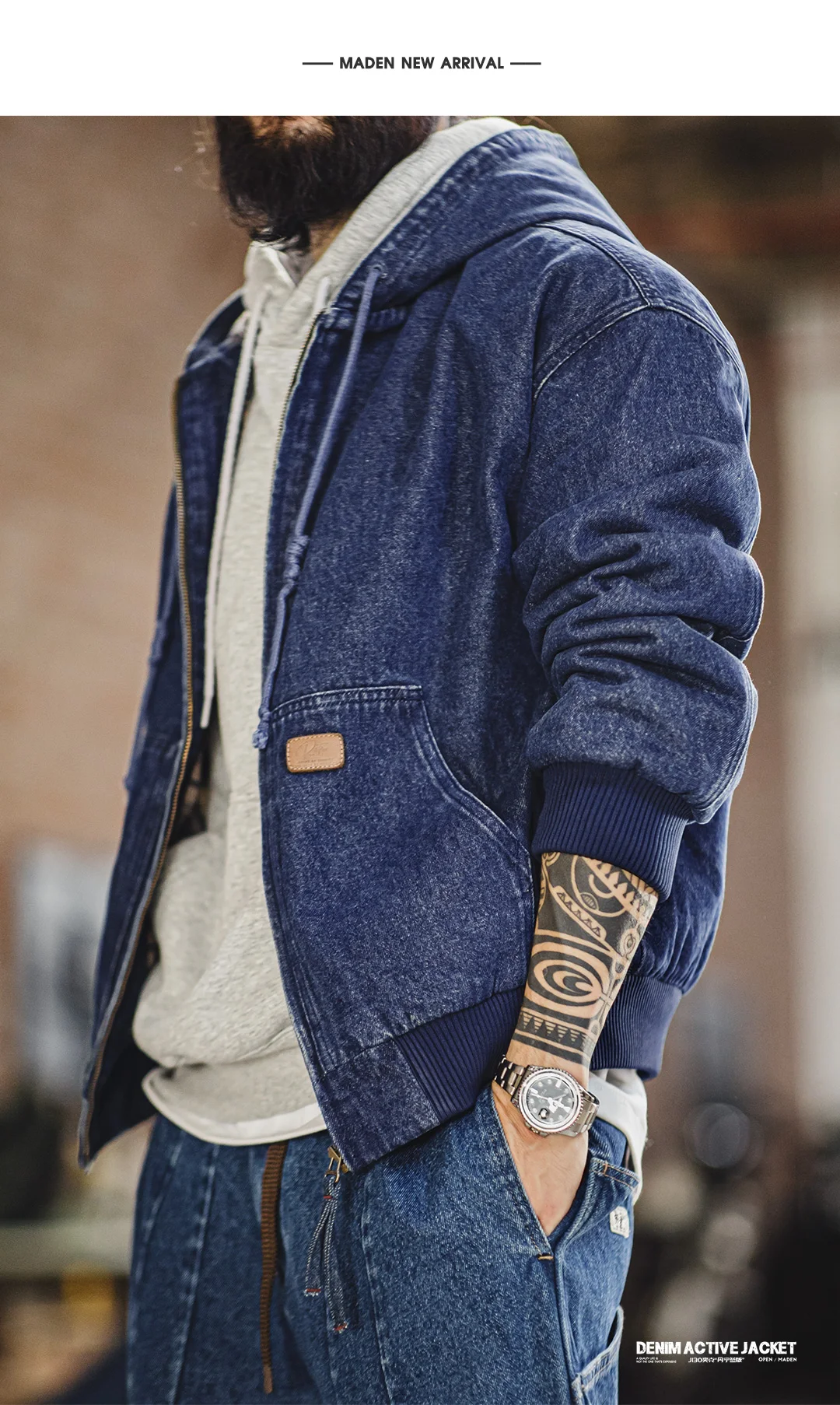 Maden Retro Men's J130 10.5oz Denim Jacket Heavyweight Washed Aged Hooded Jacket Zipper Work Coat with Large Pockets for Fall 33 Saddea920122f4a27874d309c9e6e3de8i