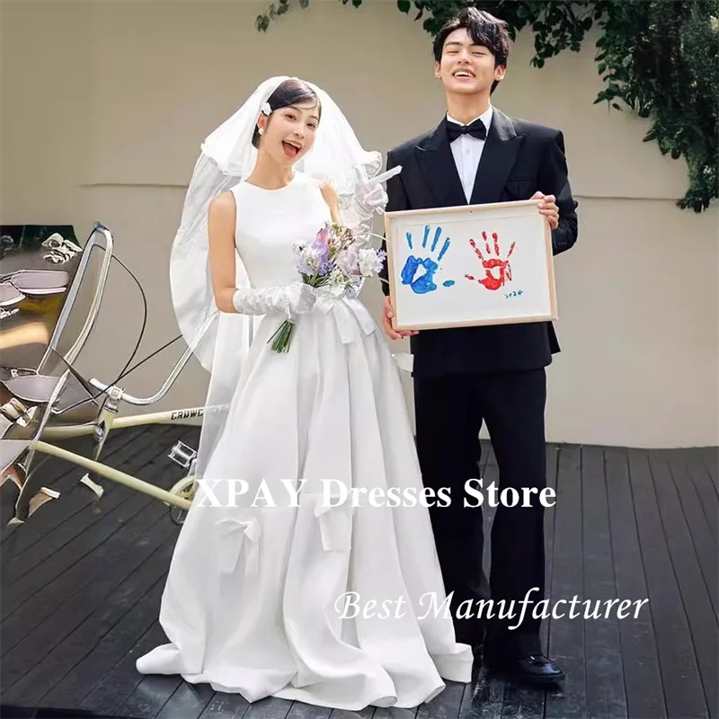 Xpay elegante uma linha vestidos de casamento coreia sessão de fotos o pescoço fitas de cetim macio vestidos de noiva princesa vestido de noiva personalizado