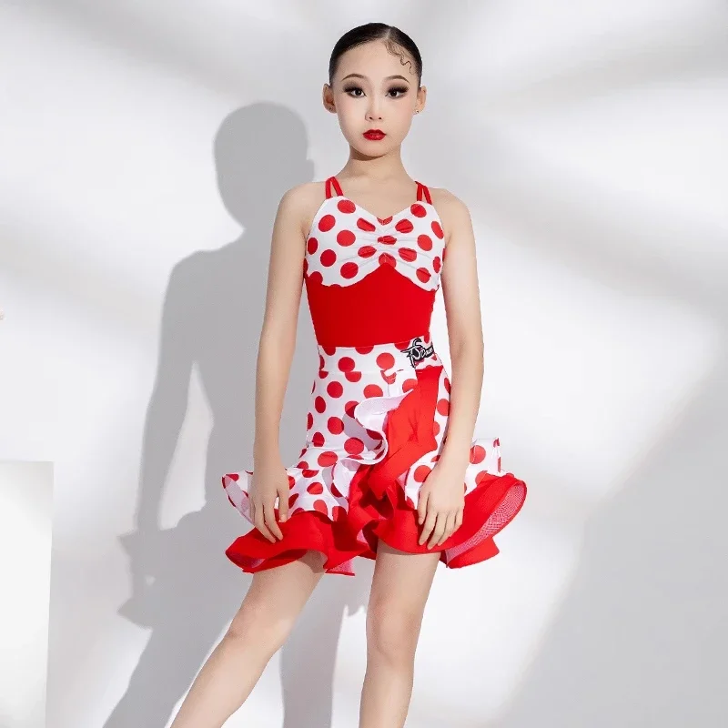Customized Red Wave Dot Latin Dance Set Advanced Girls' Practice Clothing Professional Junior Children's Competition Table Dress