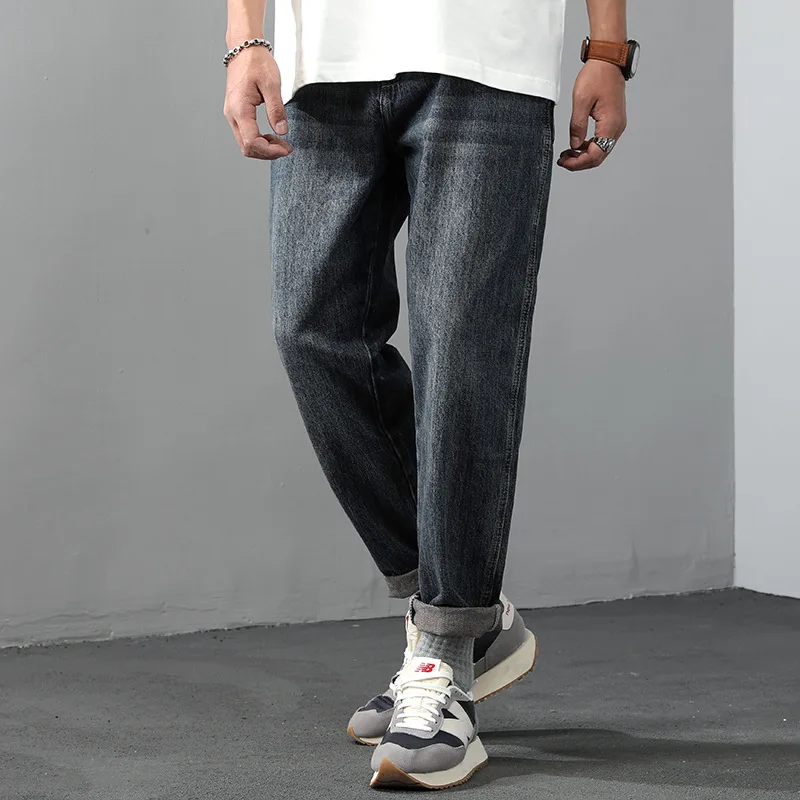High quality long baggy jeans for men plus size stone wash cotton denim vintage casual trousers new 2024 clothing - blue