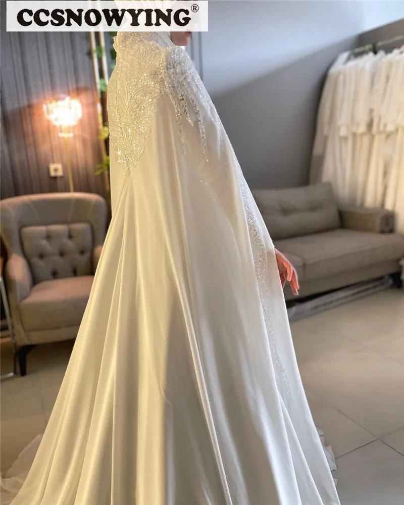 Elegant Chiffon Beaded Sequin Wedding Dresses for Bride with Cape Long Sleeve Islamic Bridal Gown Arabic Dubai Robe De Mariée