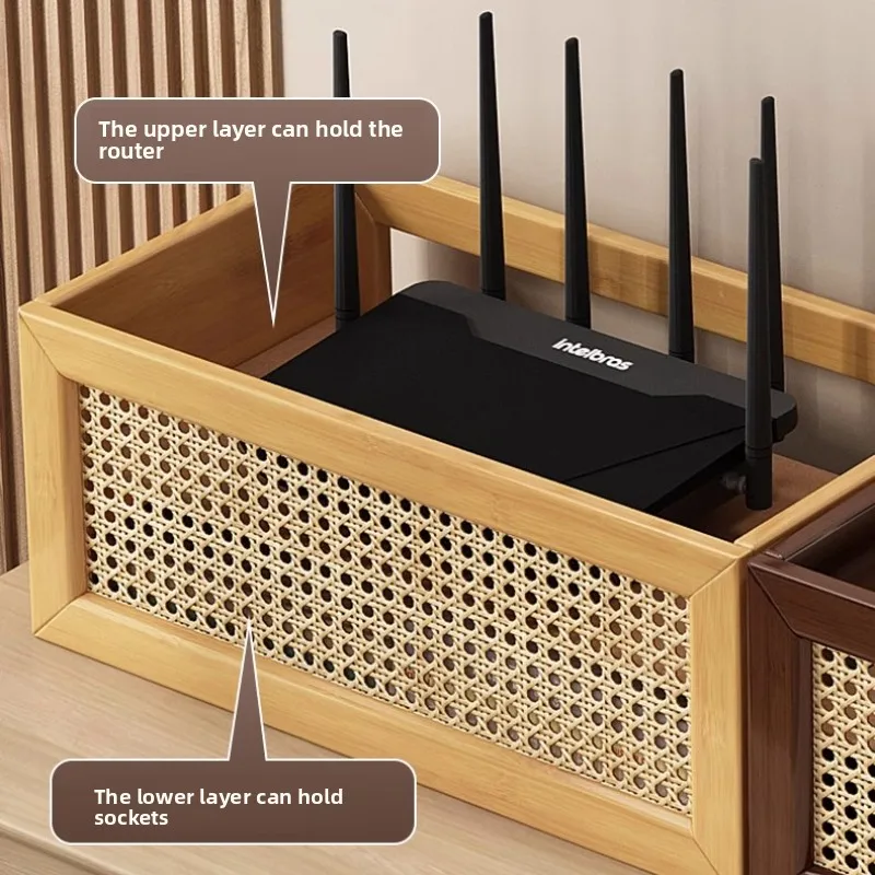 

Bamboo WiFi Router Organizer Modern Set-Top Box Storage Shelf Ventilated Cable Management Natural Rattan Decor for Living Room