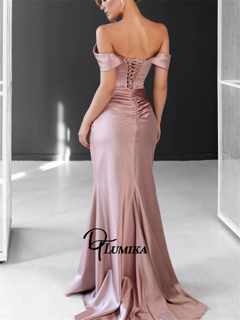 DTLumika Fascinating Satin Party Dress for Women, Off Shoulder Mermaid Long Evening Dresses Women's Tailored Party Gown Wedding