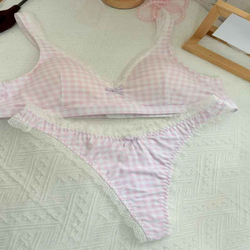 Man Sexy Lace Plaid Kawaii Bra Panties Set Cotton Lace Bow Sweet Cute Comfortable Bra Set Cosplay Lolita Women Lingerie Suit