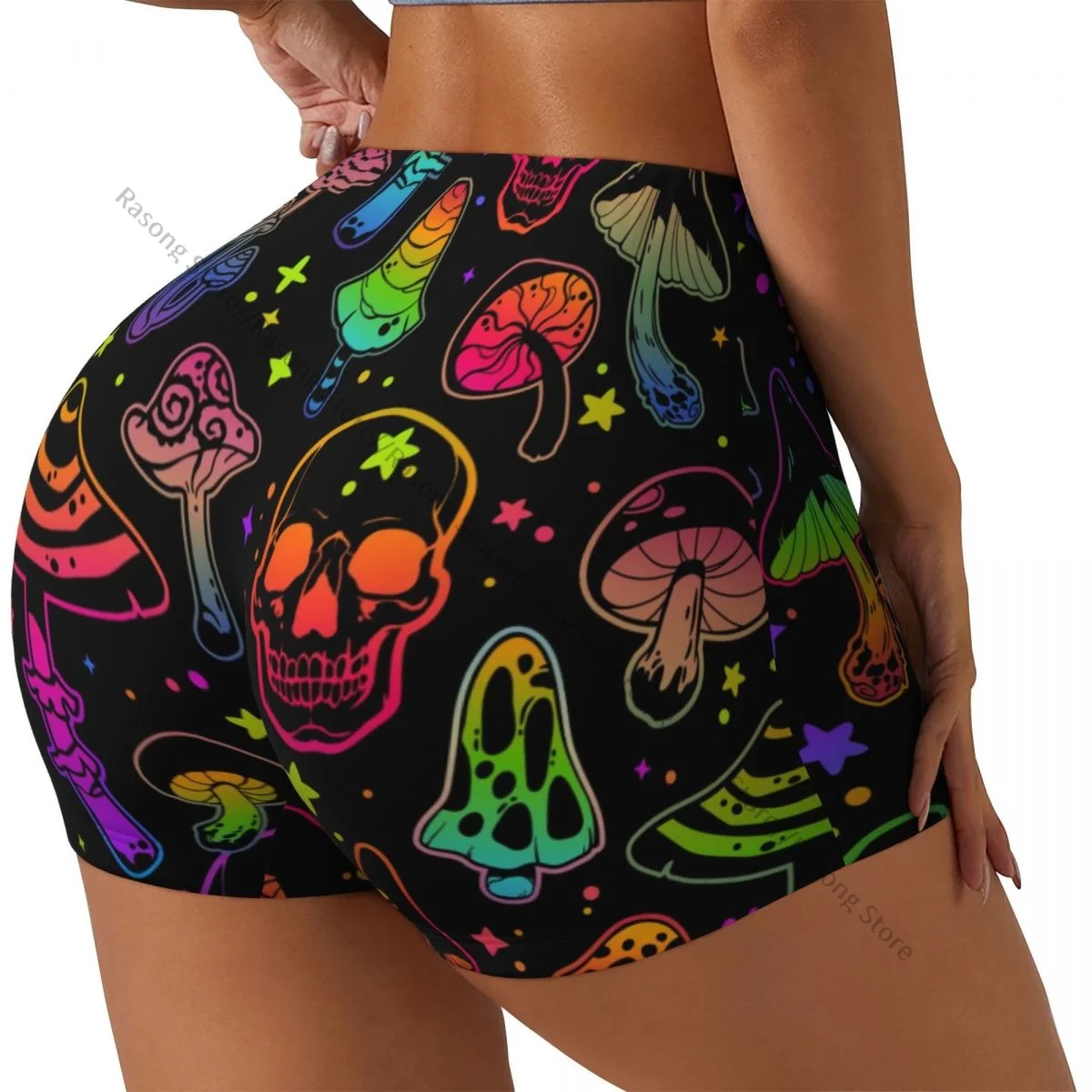 Yoga Shorts Bright Poisonous Mushrooms And Skulls Women Biker Tight Elastic Workout Sports Leggings Sportswear