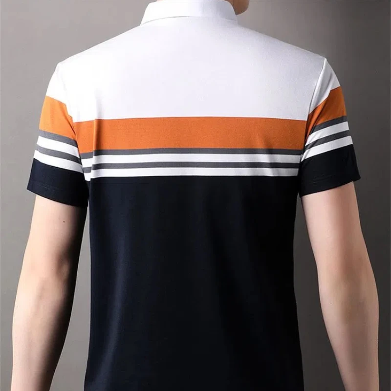 Trend Fashion Summer Polo Shirts Thin Men\'s Turn-down Collar Striped Button Contrast Color Smart Casual Loose Short Sleeve Tops