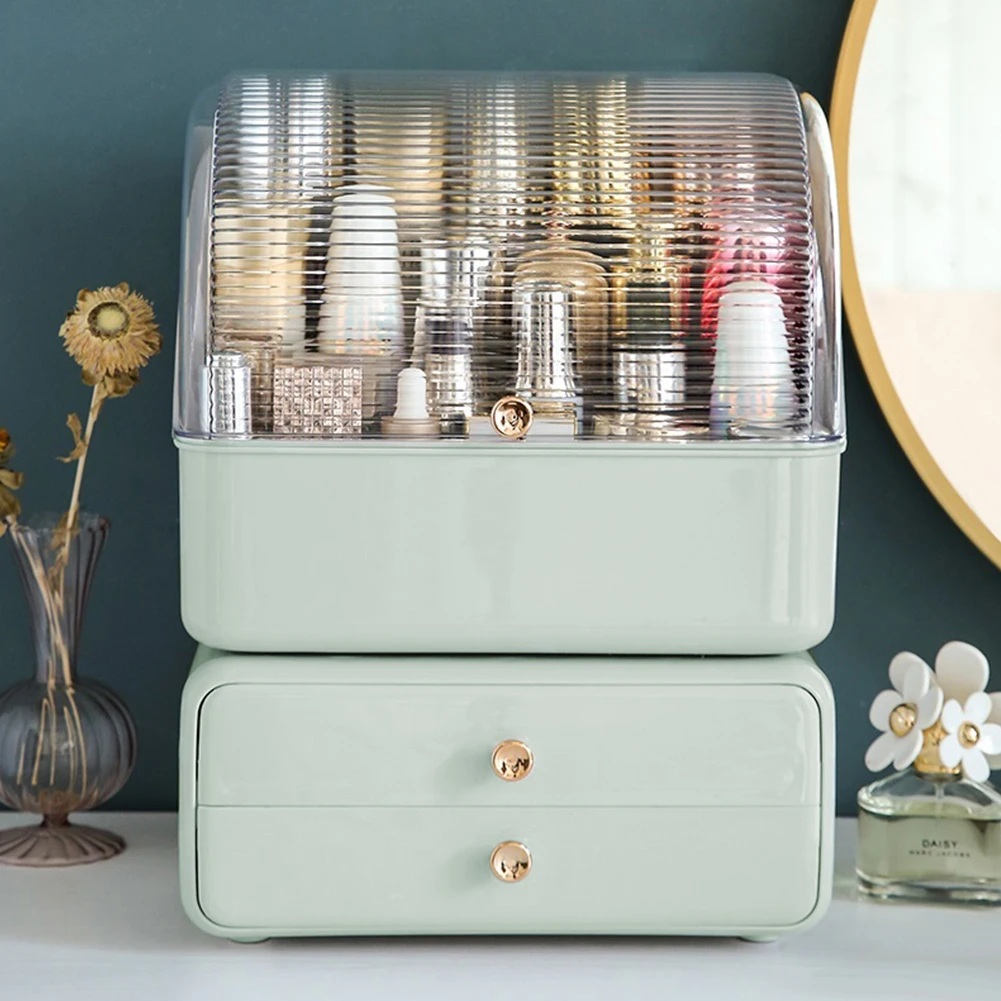 Green Dustproof Plastic Desktop Makeup Organizer with Drawers