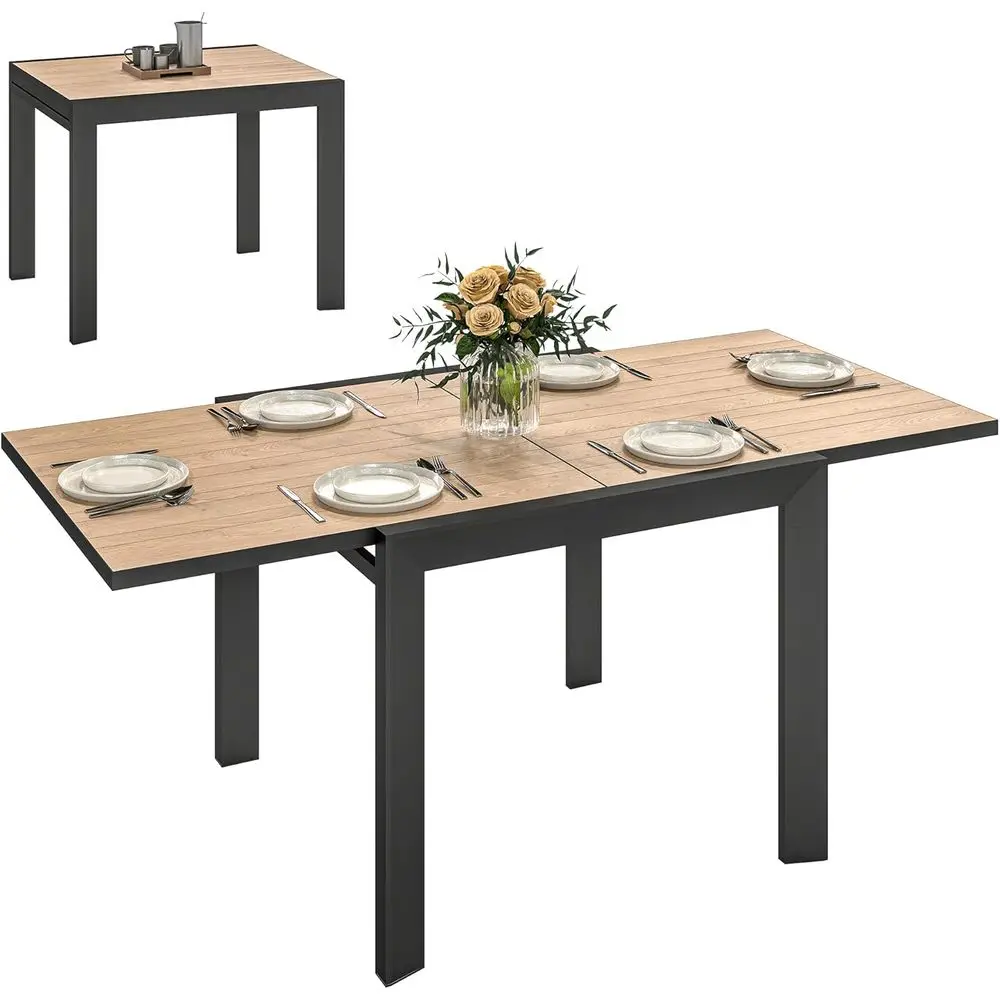 Expandable Patio Table for 4-6, 35.5-71, Square/Rectangular, Slatted Wood Grain Top, Suitable for Backyard, Porch, Deck
