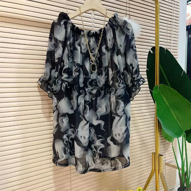 Vintage Broken Flowers Shirt Female Clothing Elegant Slash Neck Summer Loose Stylish Ruffles Spliced Casual Short Sleeve Blouse