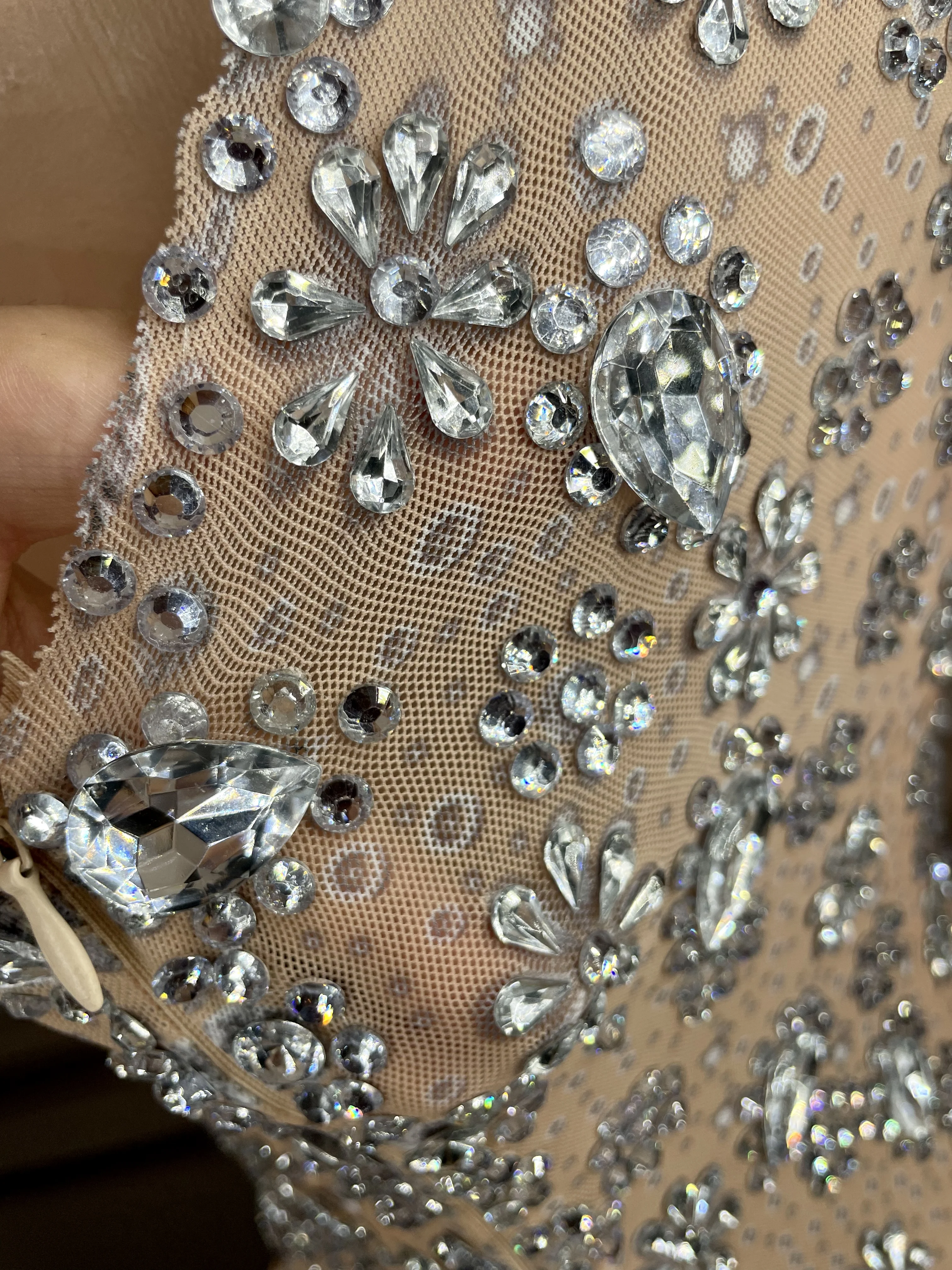 Big Rhinestones Pearls Sleeveless Long Sleeves Mesh Dress Transparent Dancer Performance Birthday Celebrate plus size