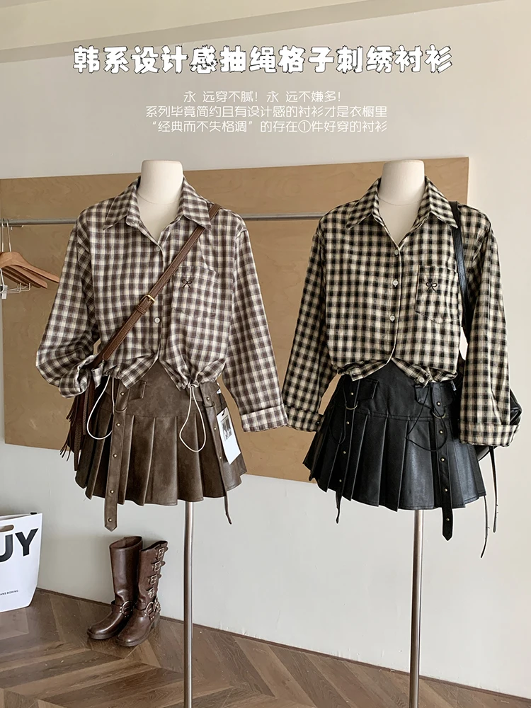 Fall Winter Women Korean Fashion Shoujo Girl Plaid Shirts Long Sleeve Design Y2k Blouses Tops Gyaru Coquette Old Money Casual