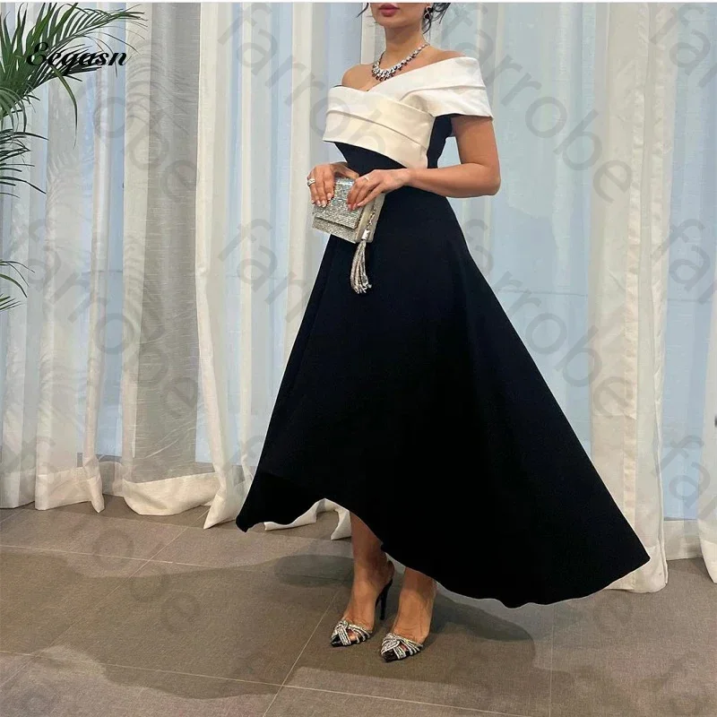 Customized High Low Evening Gowns Off The Shoulder Black and White Satin Prom Dresses Formal Party Dress Robe De Soiree Women