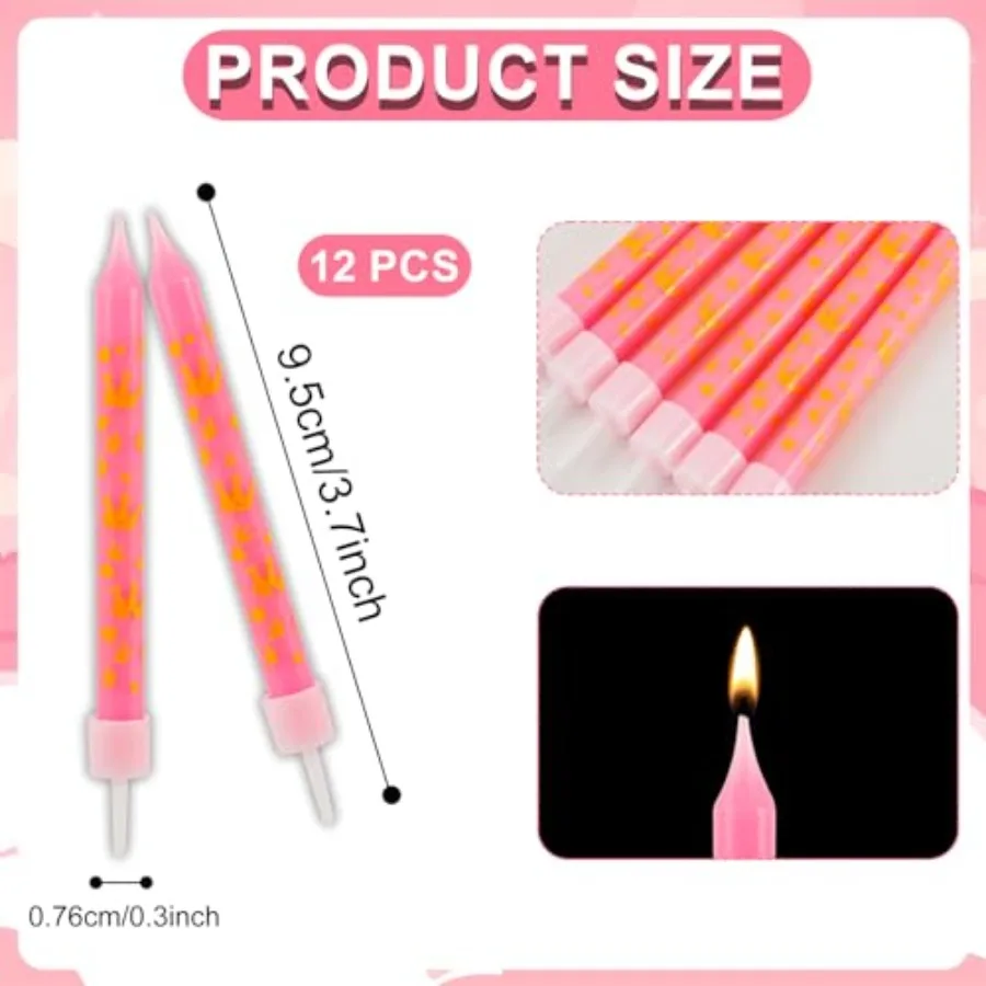 12pcs 3.7 Birthday Candles Pink Themed Cake Candles Sticks with Golden Crown Patterns Cute Candlesticks Cupcake Candle Decorati