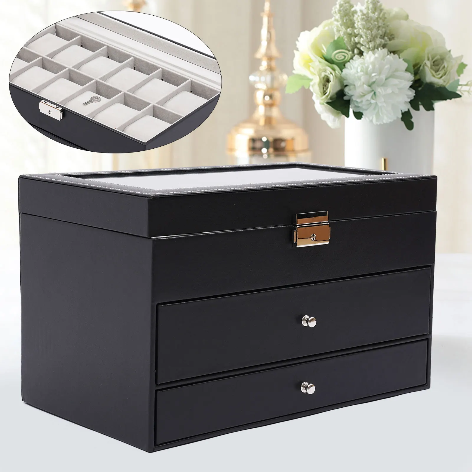 12 Compartments Watch Storage Display BoxGlasses Case, Jewelry Box Organizer Watch Showcase Soft PU