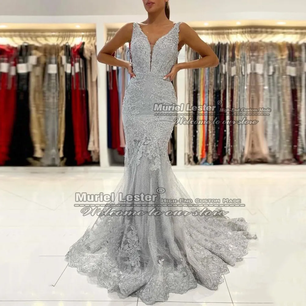 Mùa Xuân Sliver Xám Mermaid Prom Dresses Sexy Backless Phụ Nữ Kết Hôn Trang Phục Chính Thức Bên Hạt Evening Gowns Custom Made Robe De Mariee