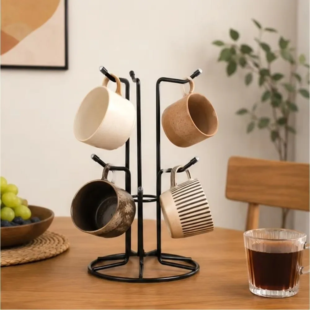 Durable Large Capacity Iron Cup Tree Rack Decorative Space Saving Mug Drying Rack with 6 Hooks Coffee Cup Holder Hotel