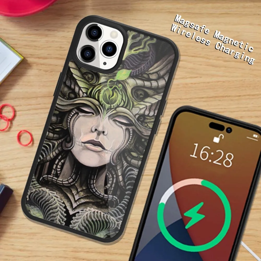 Luxury Hr Giger Art Phone Case Magsafe Magnetic For iPhone 15 14 13 12 11 Plus Pro Max Wireless Charging