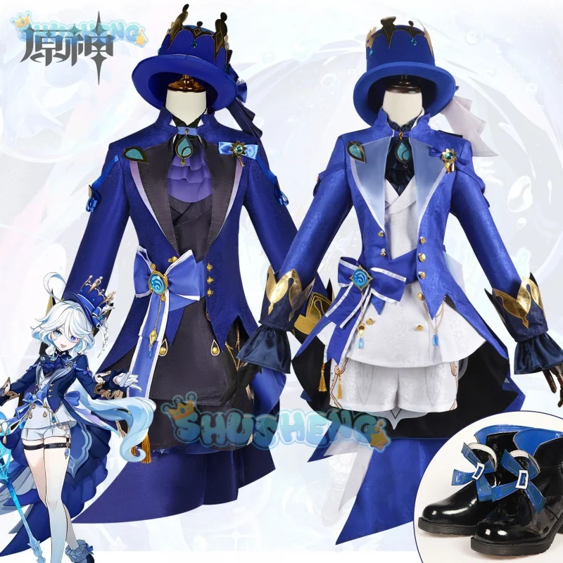 

Furina Cosplay Genshin Impact Focalors Fontaine God of Justice Blue Coat Pants Uniform Vision Hat Hydro Gloves Skirt Hem