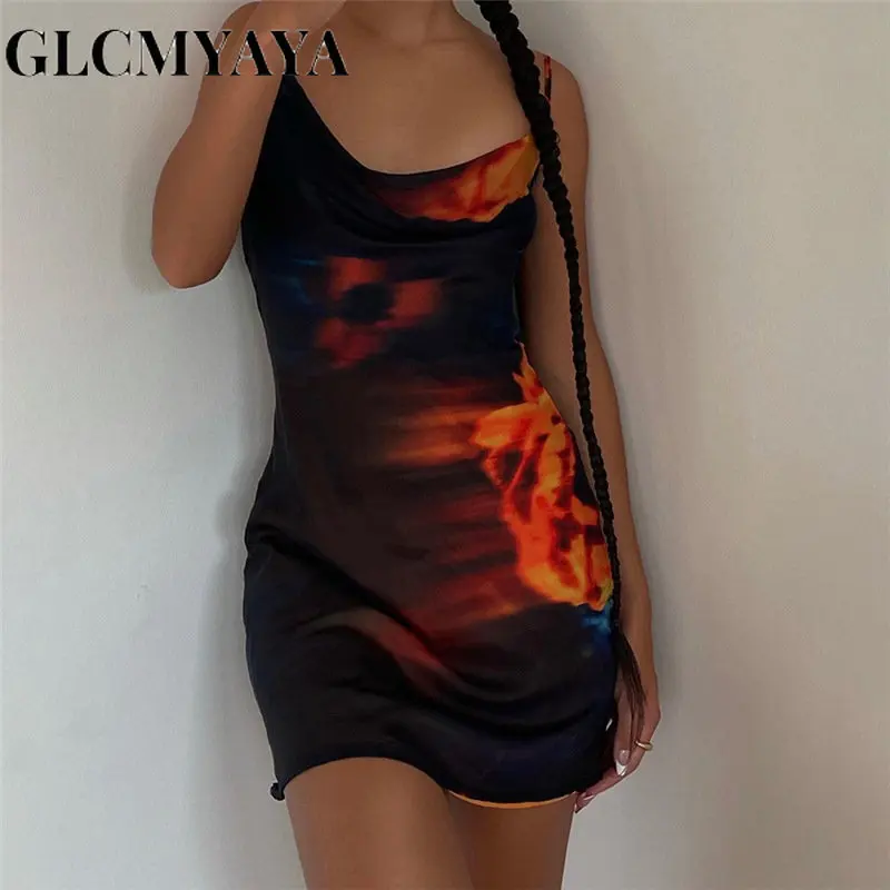 GLCMYAYA Streetwear Women Fashion Floral Printing V-Neck Sexy Party Bodycon Dress 2023 Backless Stacked Spaghetti Strap Dresses