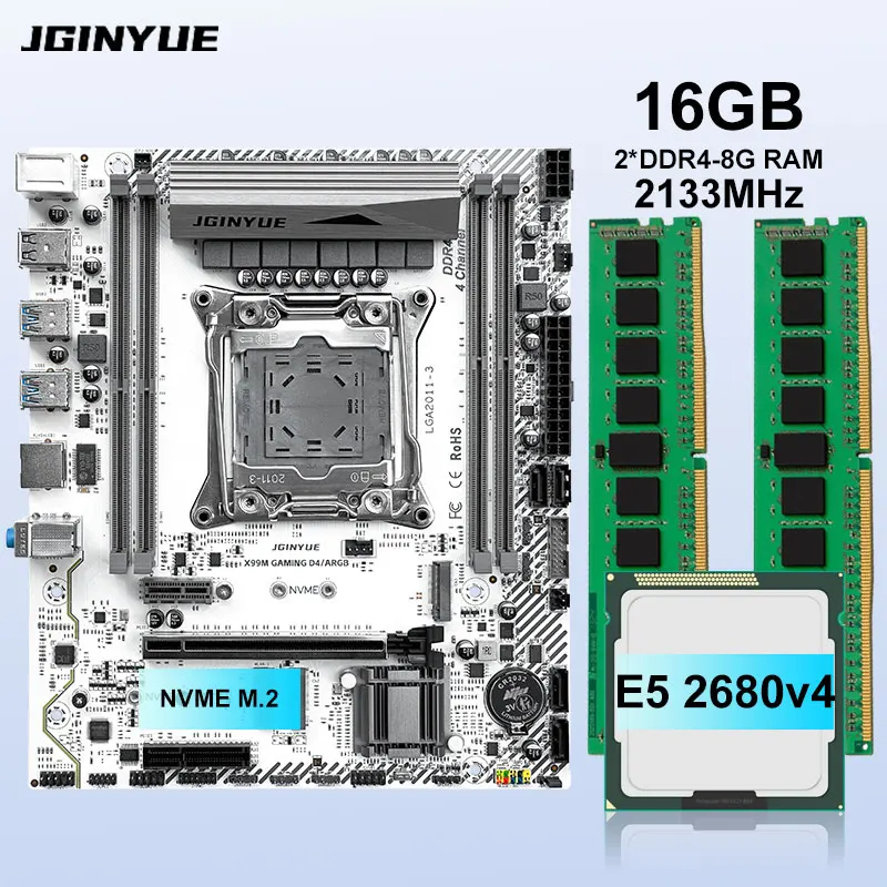 JGINYUE X99 Motherboard LGA 2011-3 +with Xeon E5 2680 V4+16GB（2*8GB）DDR4 RAM Memory M.2 NVME SATA WIFI X99M GAMING D4/ARGB