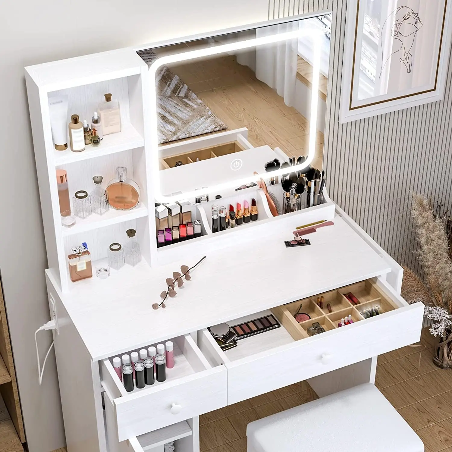 White Vanity Desk with LED Mirror, Drawers, Cabinet & Stool - Makeup Table with Power Outlet