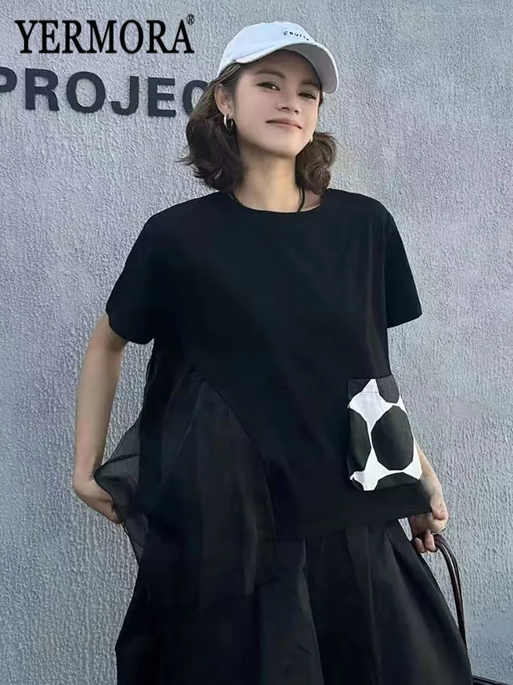 

YERMORA Black Irregular Splice Mesh Dot Casual T-Shirt For Women O-Neck Short Sleeve Loose New Tops Fashion Spring Summer 2026
