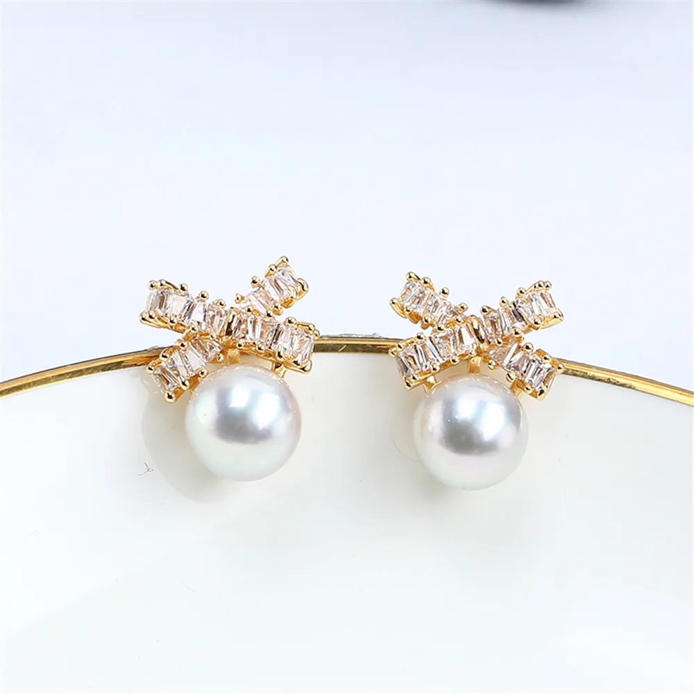 

S925 Silver Needle Domestically Made 14k Gold Wrapped and Exquisite Bow Knot Pearl Zircon Earrings DIY Empty Bracket Earrings