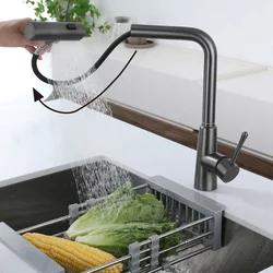 Pull Out Kitchen Faucet Waterfall Raindance 304 Stainless Steel Grey Flexible 360° Rotation Hot and Cold Water Mixer Sink Tap