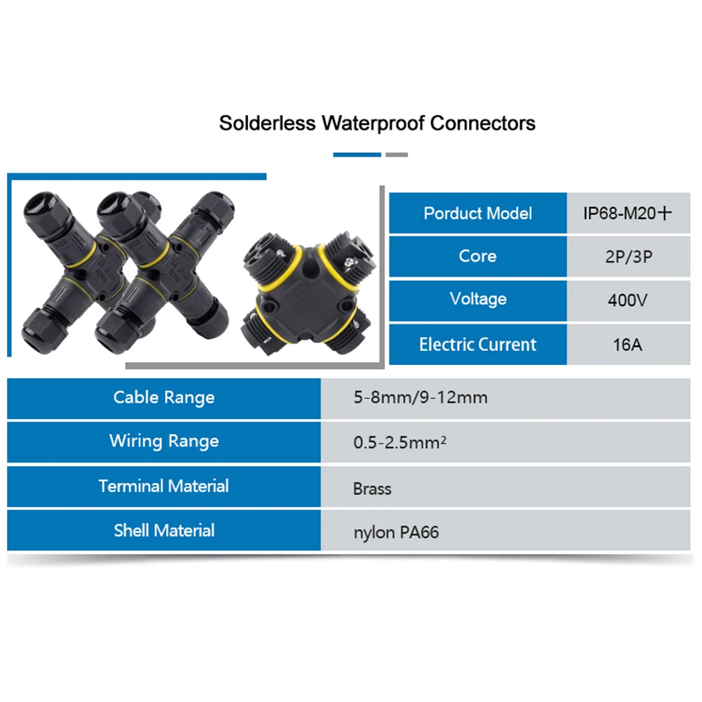 IP68 M20 Cross-Type Outdoor Waterproof Wire Connector Junction Box 2/3 Pin Threaded Terminal Cable Rain Proof Connectors DIY GO