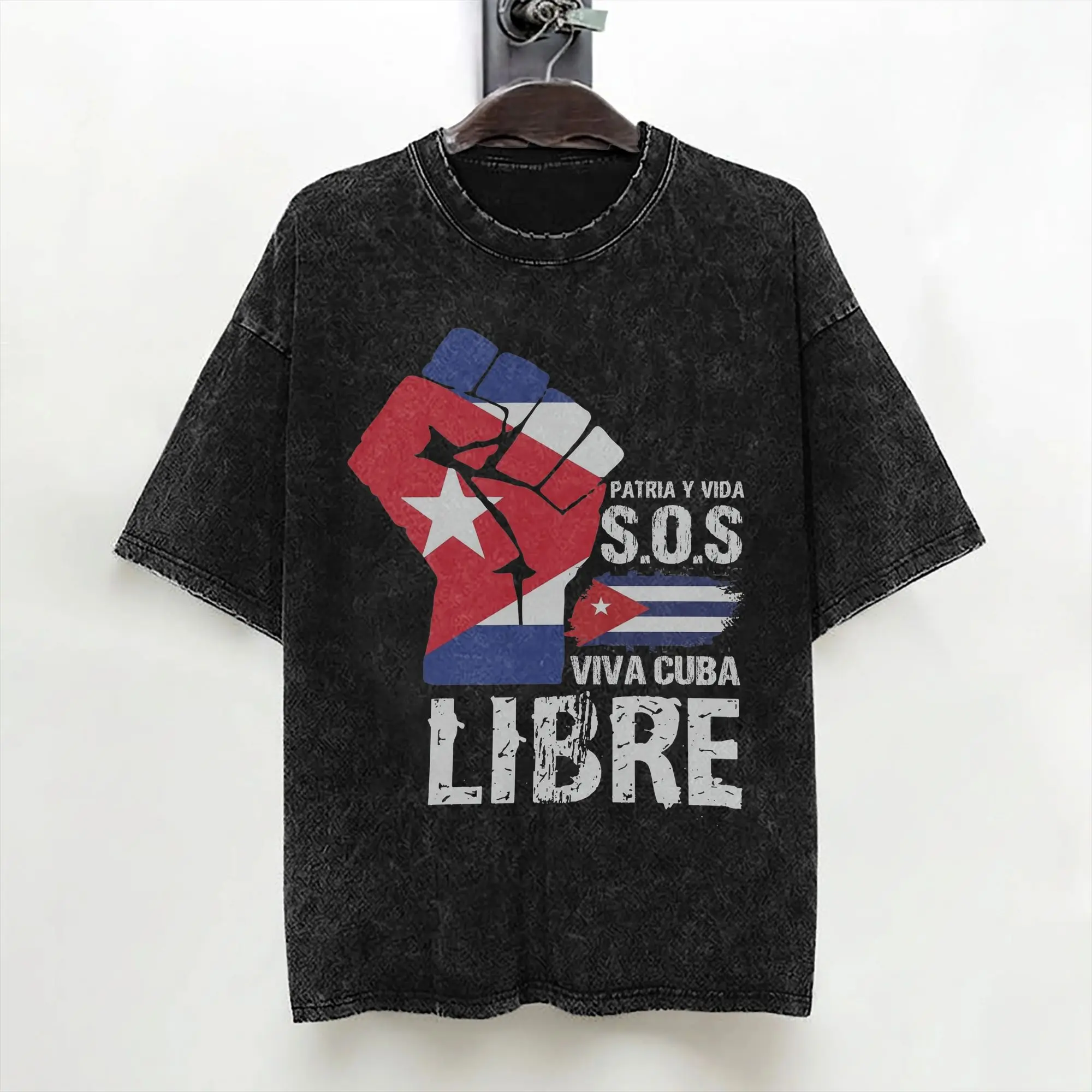 Washed T Shirts Sos Patria Y Vida Viva Cuba Libre Hip Hop T-Shirts Harajuku Streetwear Cotton Printed Tops Tee Shirt for Men