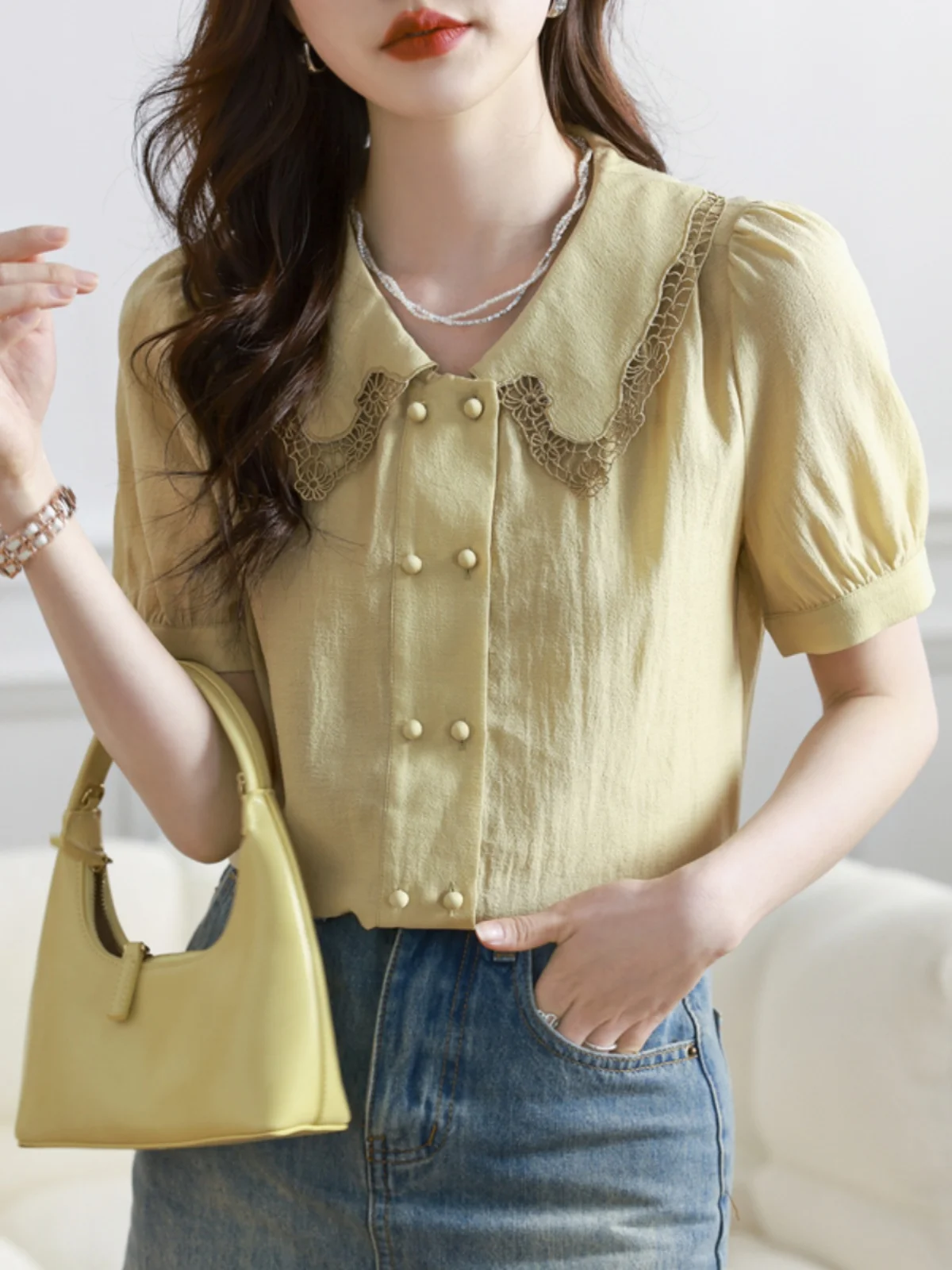 

Sweet Sle Women's ort Sve Chiffon irt Summer Faion Light Maturi Small Size Top Bubble Sve Loose Fit Single Piece