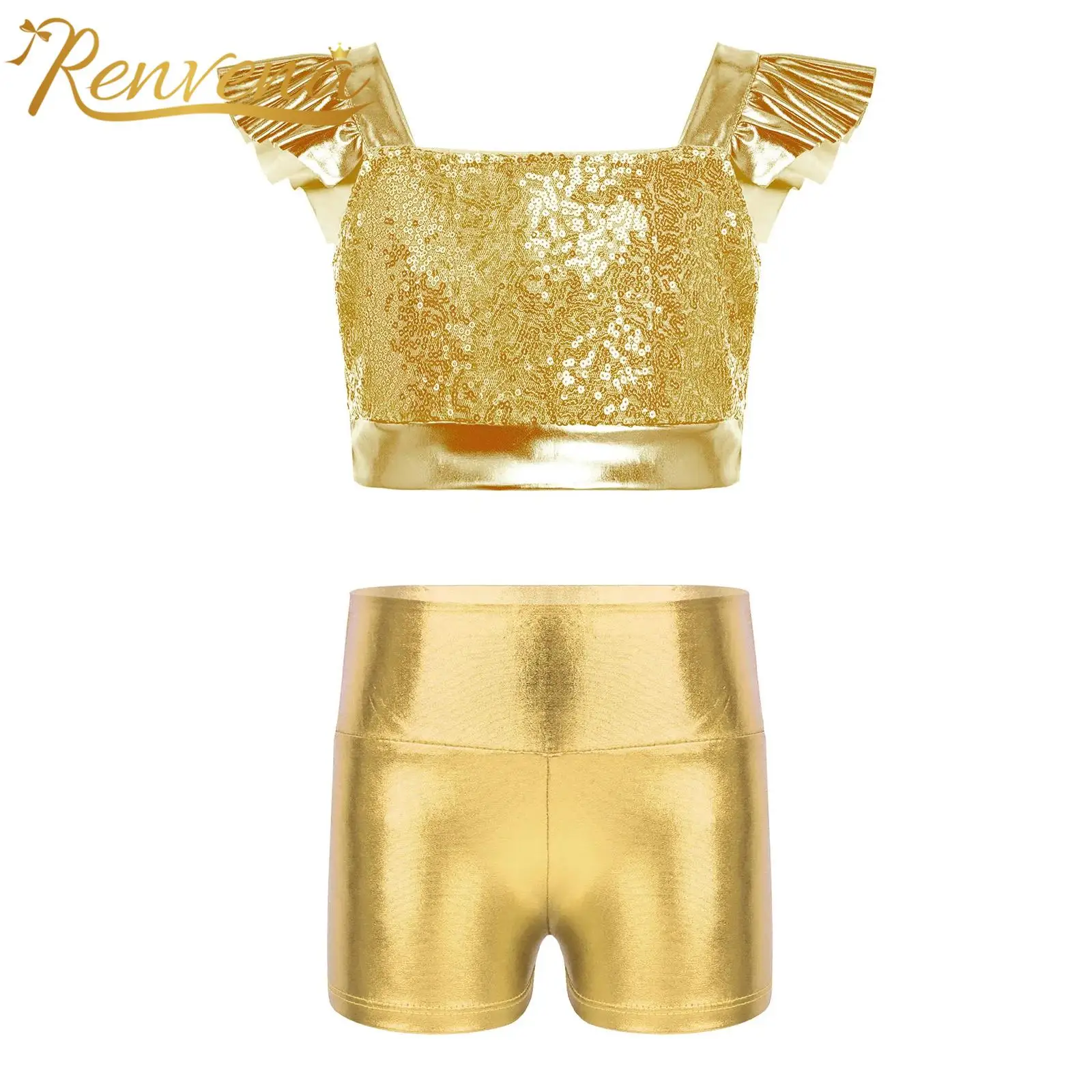 Children Disco Costumes Kids Girls Jazz Latin Dance Outfit Tango Cha Cha Sparkling Sequin Metallic Hip Hop Performance Clothes