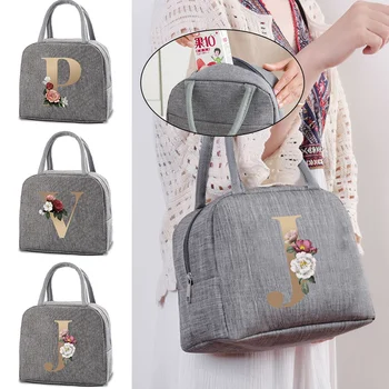 女性用クーラー付きランチバッグ,仕事や学生用のポータブルフードバッグ,断熱,ゴールドの文字が印刷されたランチボックス,冷蔵庫用