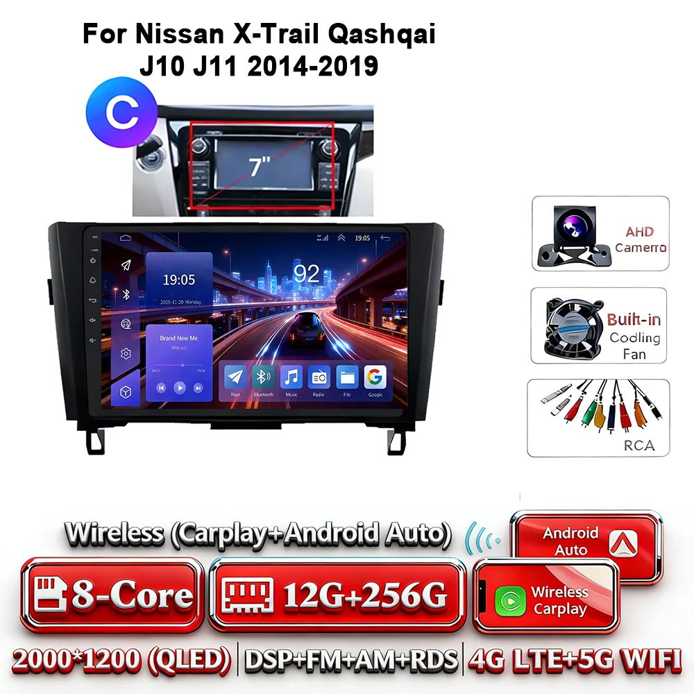 8-Core Android 17 2Din autoradio voor Nissan X-Trail Qashqai J10-J11 2014-2019 draadloze Carplay 4G GPS DSP BT dubbele lens